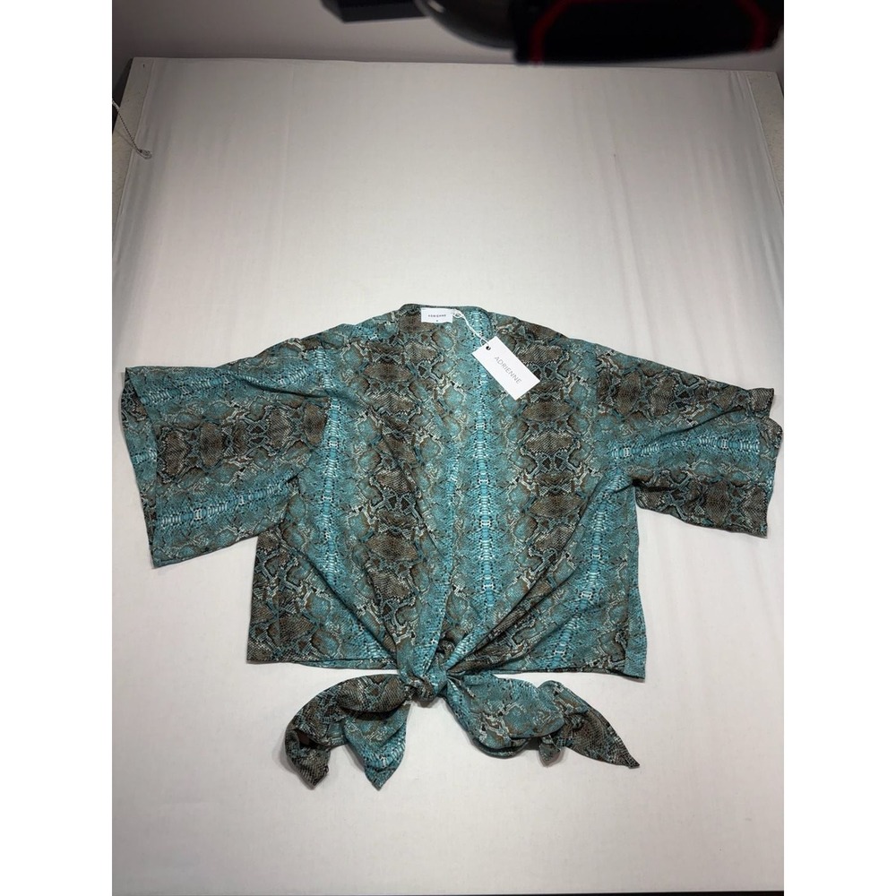Adrienne Snakeskin Print Front Tie Top Turquoise Brown V-Neck Size M 2143AM